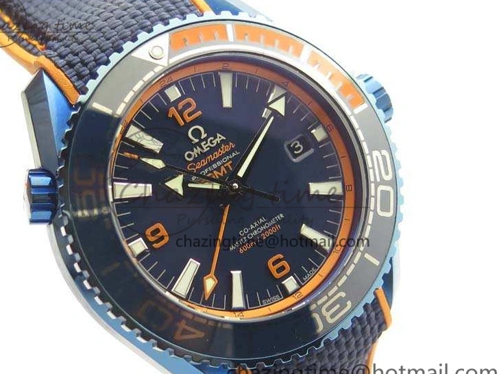 1219 Unique Planet Ocean 45mm GMT Blue DLC Black OMF Best Edition Blue Dial On Blue Gummy Strap A 8123